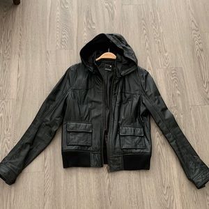 Jeanswest black leather jacket with detachable hood.
